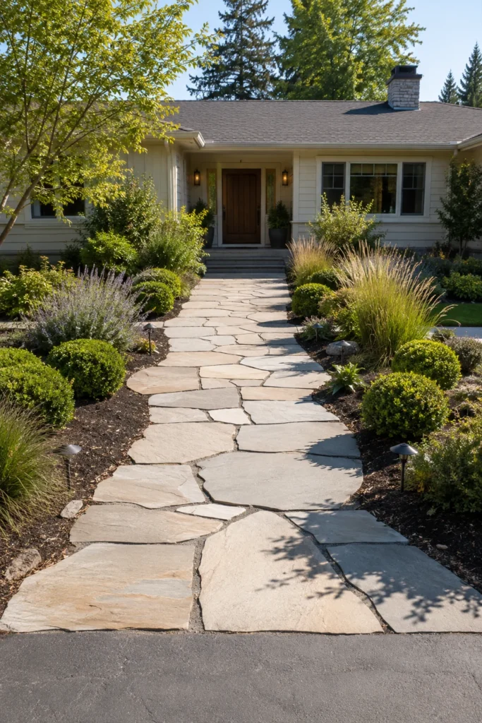 Wide flagstone walkway leading to a ranch home entry