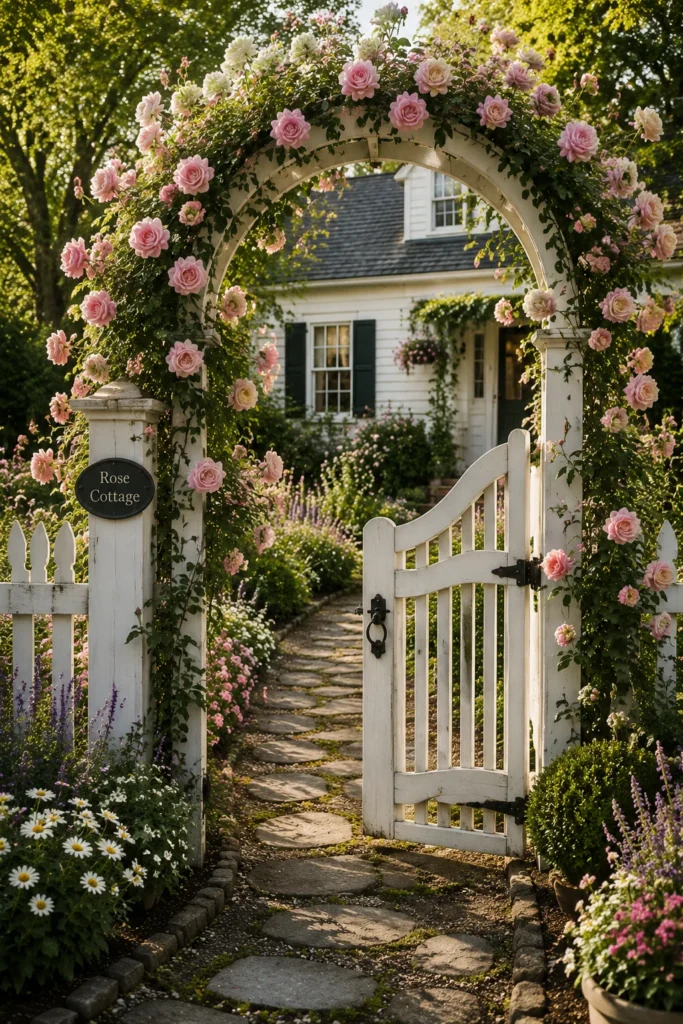 Wood arched garden gate at the entrance of a cottage front yard