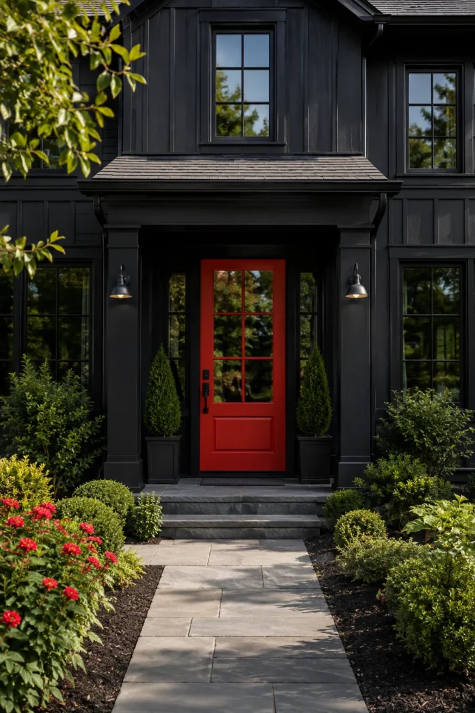 Bright red front door pairing on a black exterior home