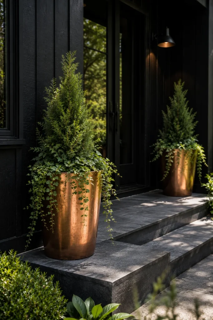 Copper toned metallic planters near a black house front entrance