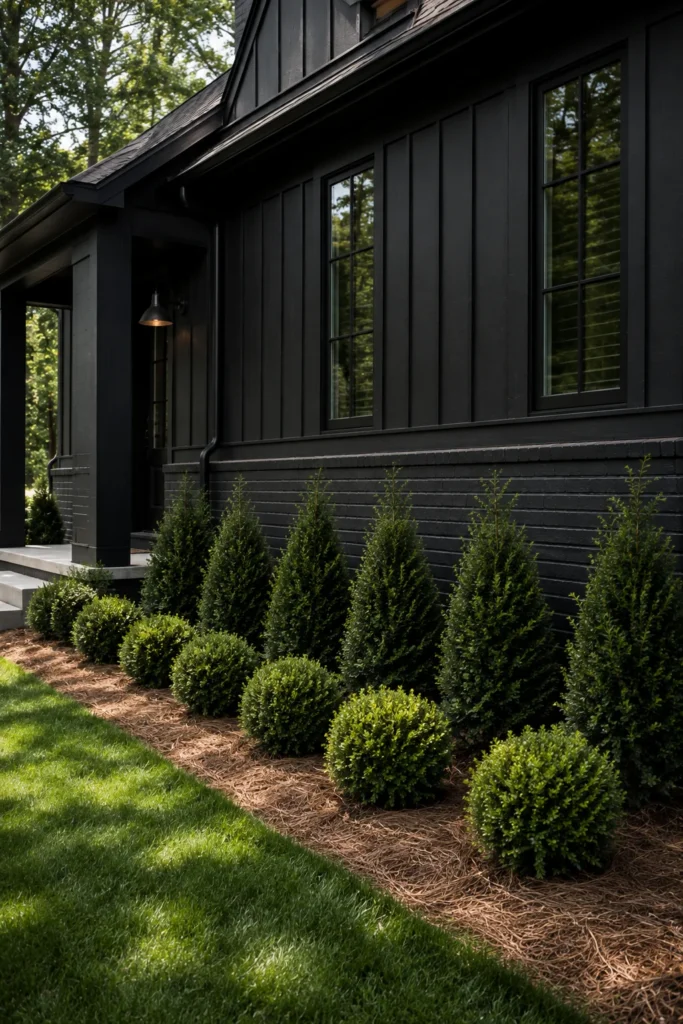 Black House Landscaping Evergreen foundation plants along the base of a black exterior home