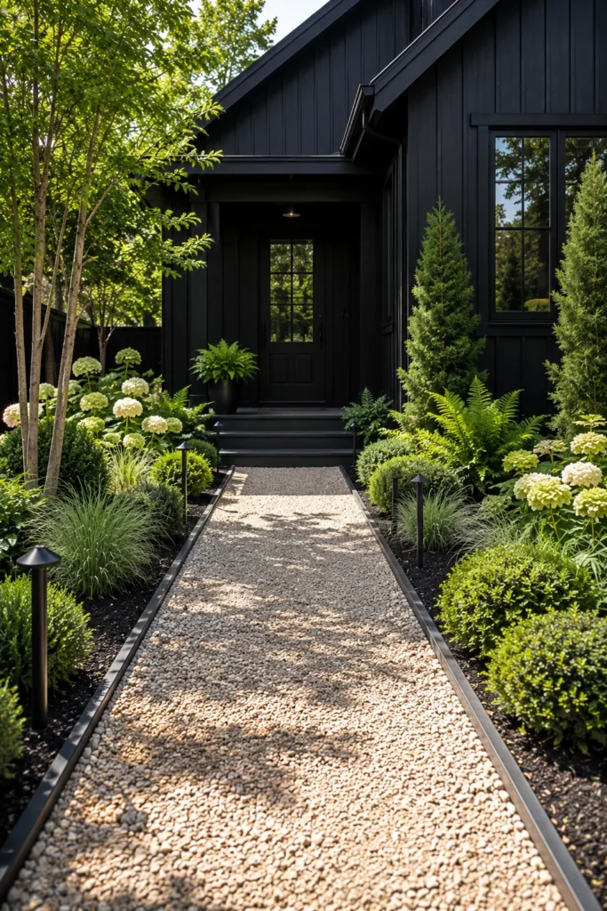 Light colored gravel pathway leading to a black house front door