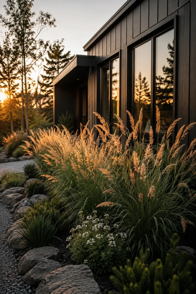 Ornamental grasses swaying beside a modern black home