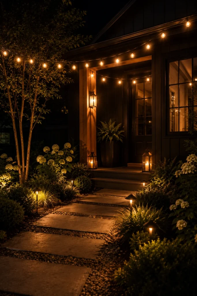 String and lantern lighting near a black house front porch at dusk