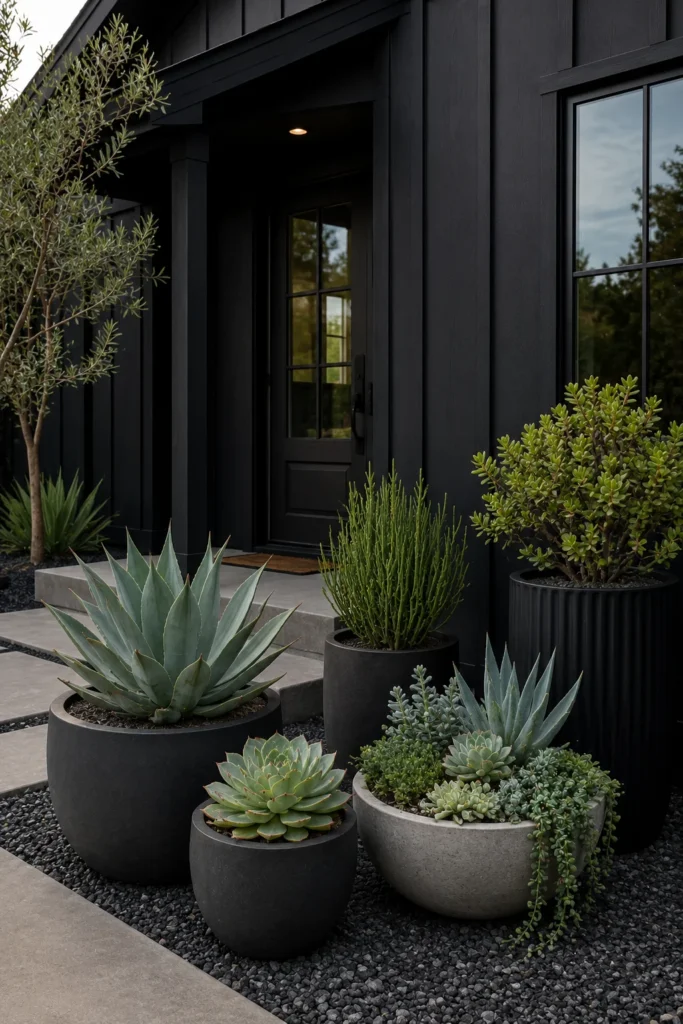 Drought tolerant succulents in containers near a black house entrance