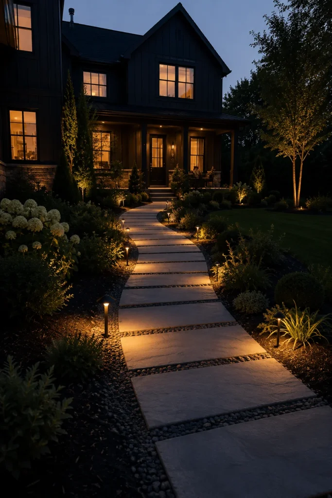 Warm landscape lighting along a path leading to a black house