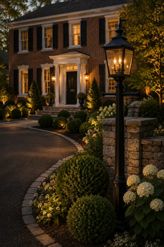 Black lantern style post light in a colonial front yard