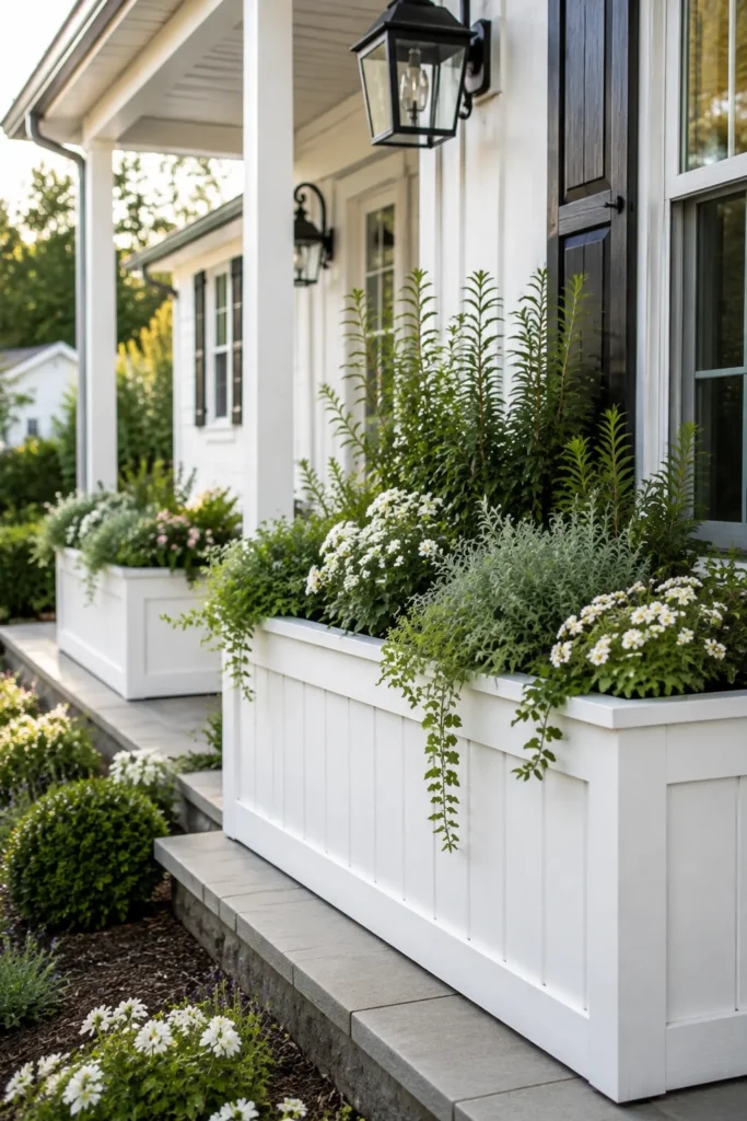 White board-and-batten planter boxes on a farmhouse porch