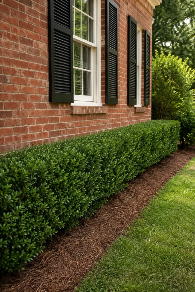 Boxwood hedge planted along a brick house foundation