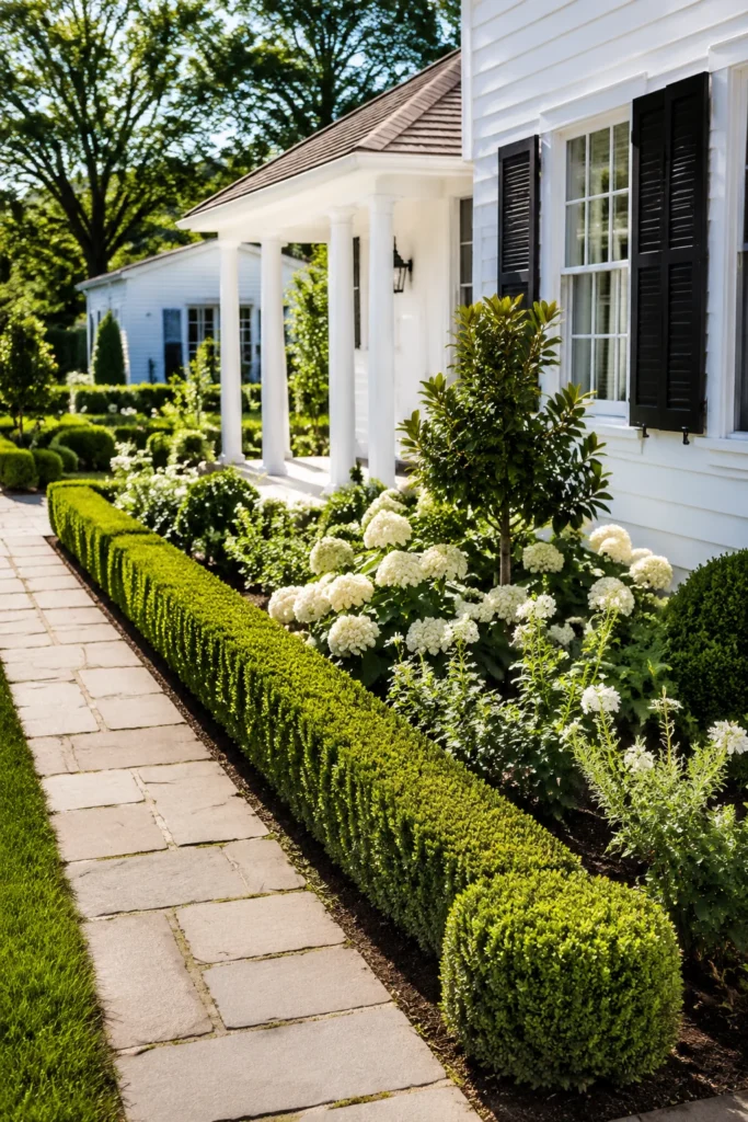 Trimmed boxwood hedges lining a garden bed