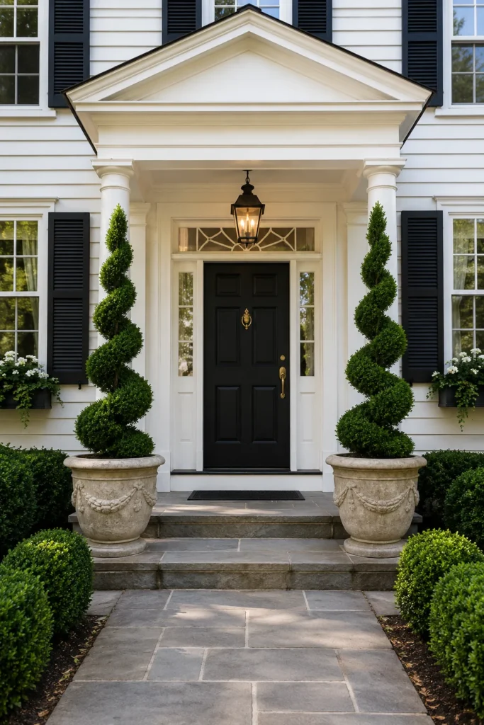Boxwood topiary spirals flanking a colonial front door