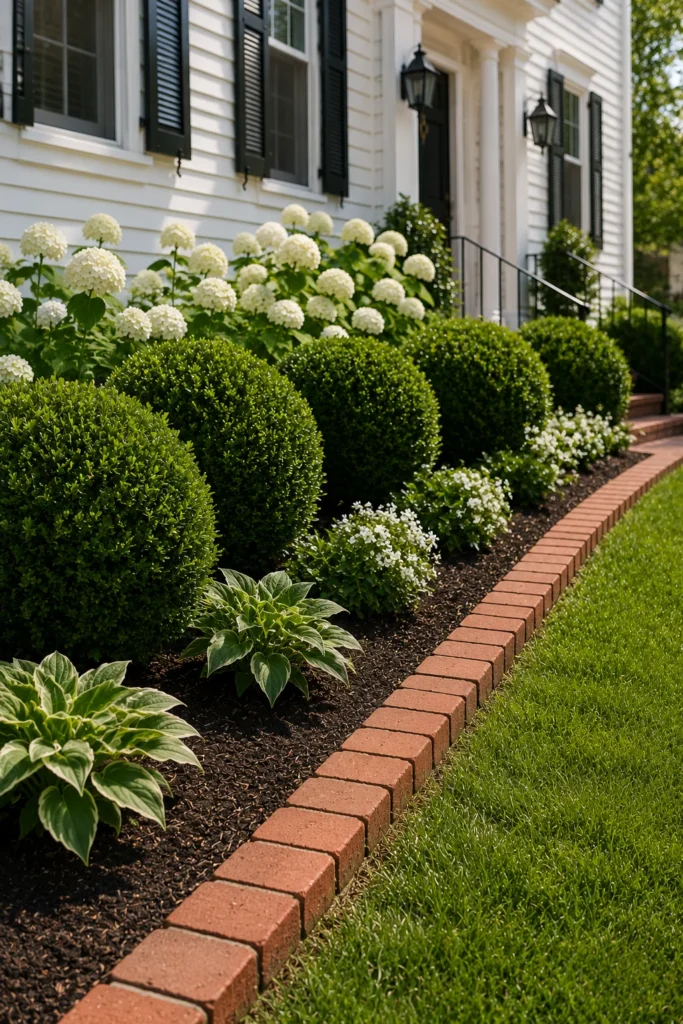 Brick edging around flower beds in a colonial front yard