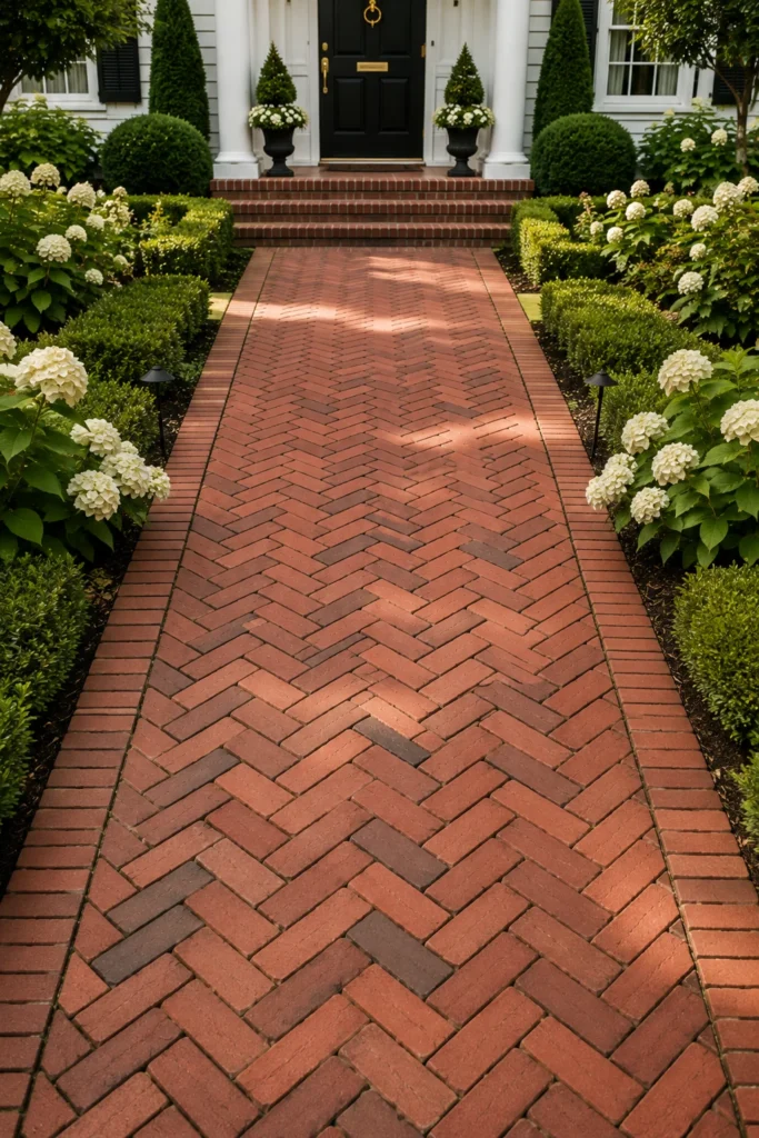 Brick herringbone pathway leading to a colonial home entrance