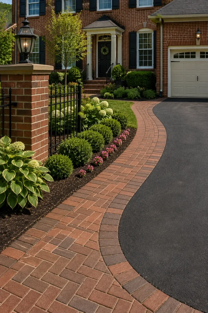Paver driveway border matching a brick house exterior