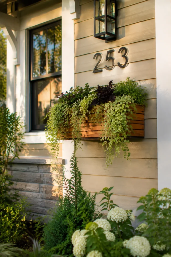 Cedar planter box framing house numbers on a bungalow
