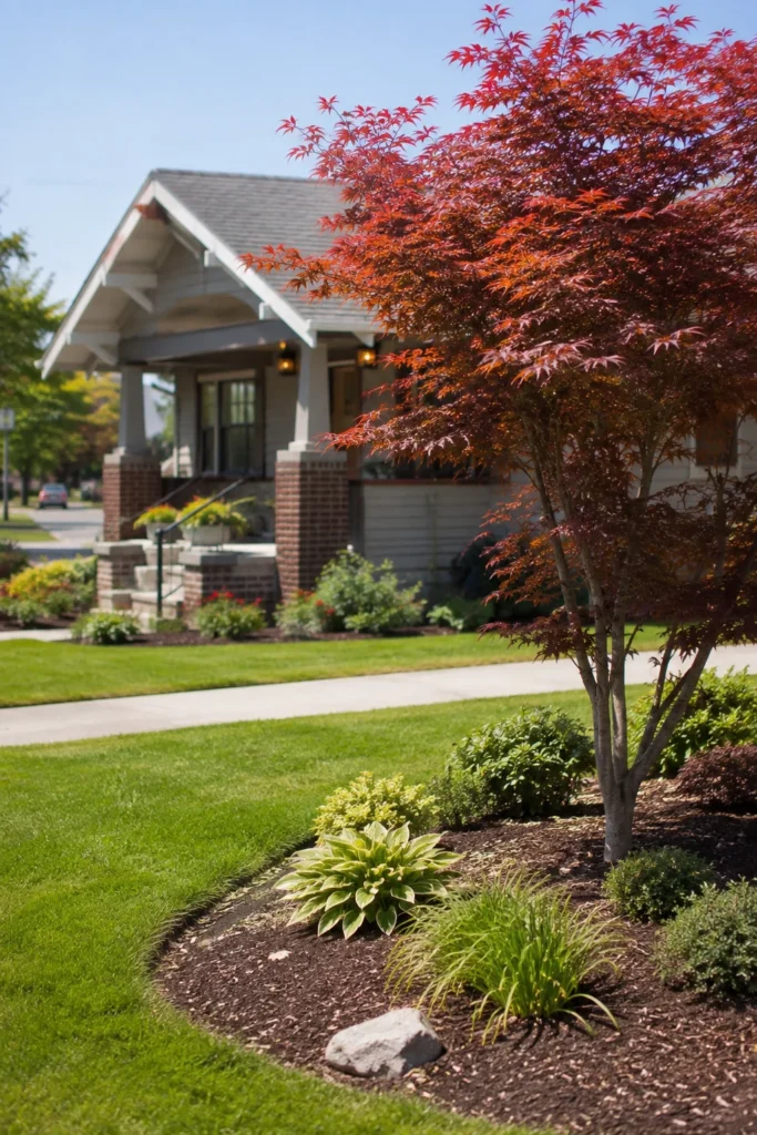 Japanese maple anchor tree planted off-center in a bungalow yard