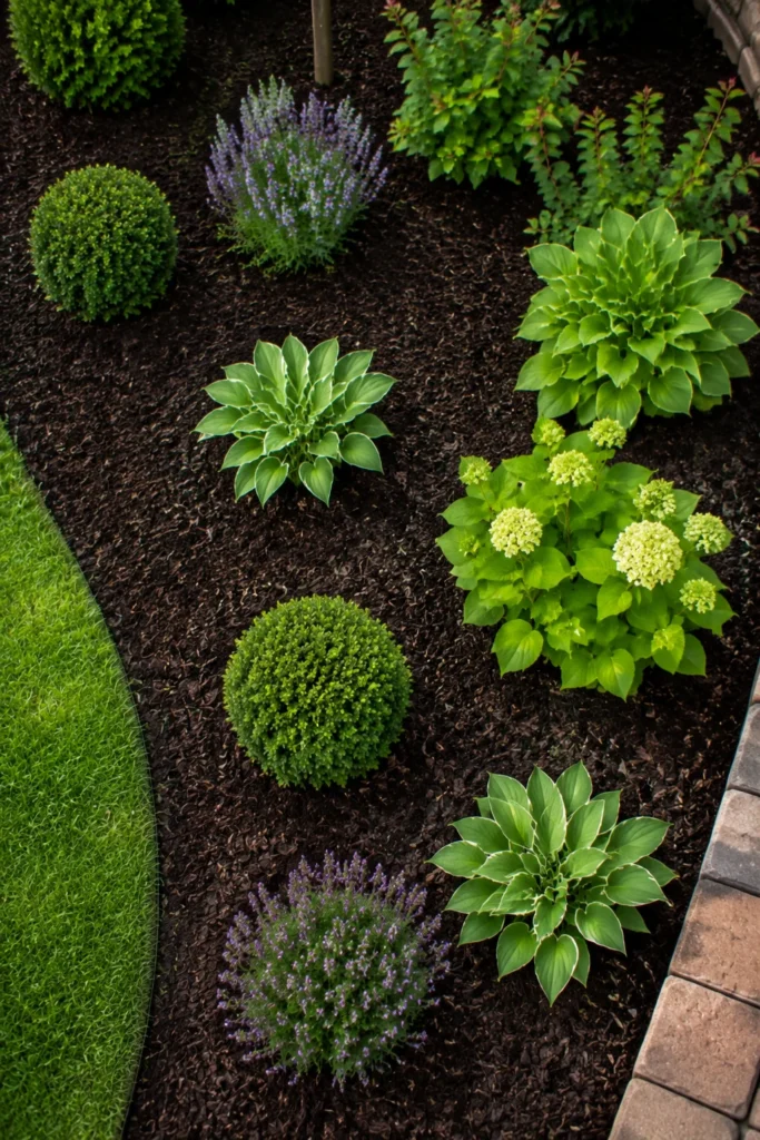 Fresh dark brown mulch refreshed across bungalow front yard beds