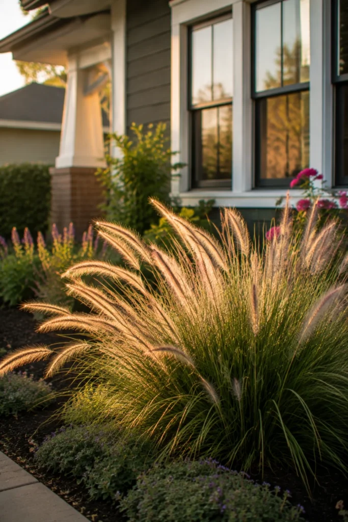 Dwarf fountain grass swaying near a bungalow front window