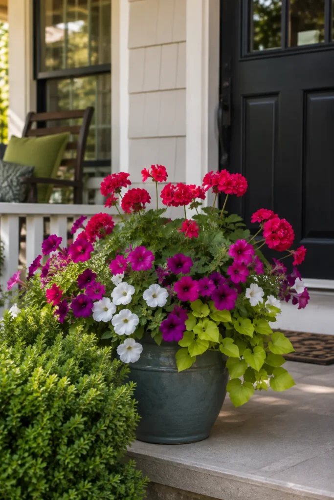 Petunias and geraniums planted near a bungalow front door