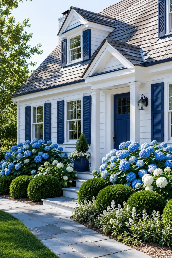 Cape Cod home exterior in classic blue and white color palette