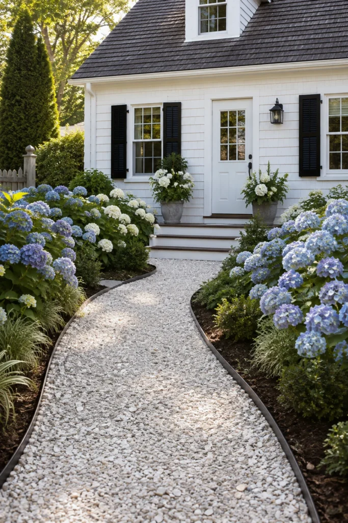 Crushed shell pathway leading to a Cape Cod style front door