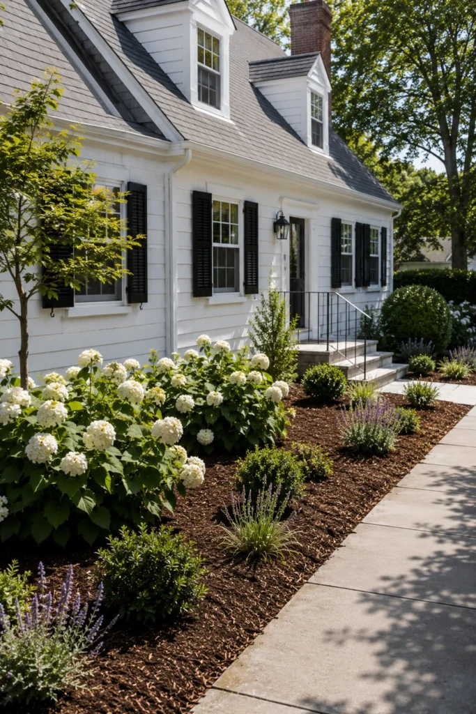 Mulched garden beds replacing grass in a Cape Cod front yard