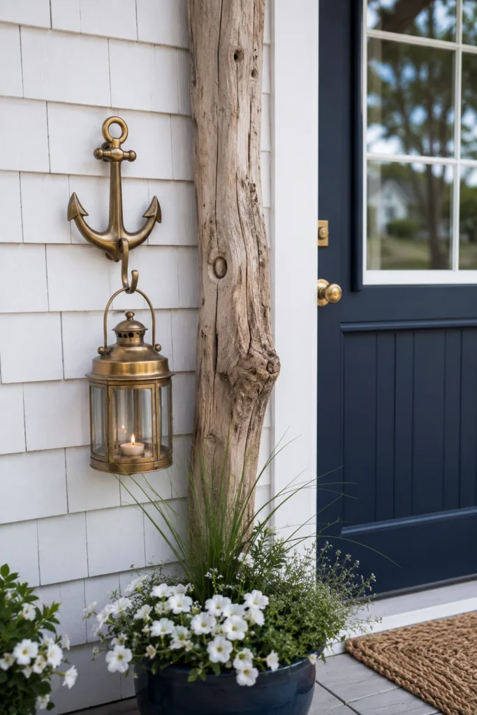 Nautical lantern and anchor accents near a Cape Cod front entrance
