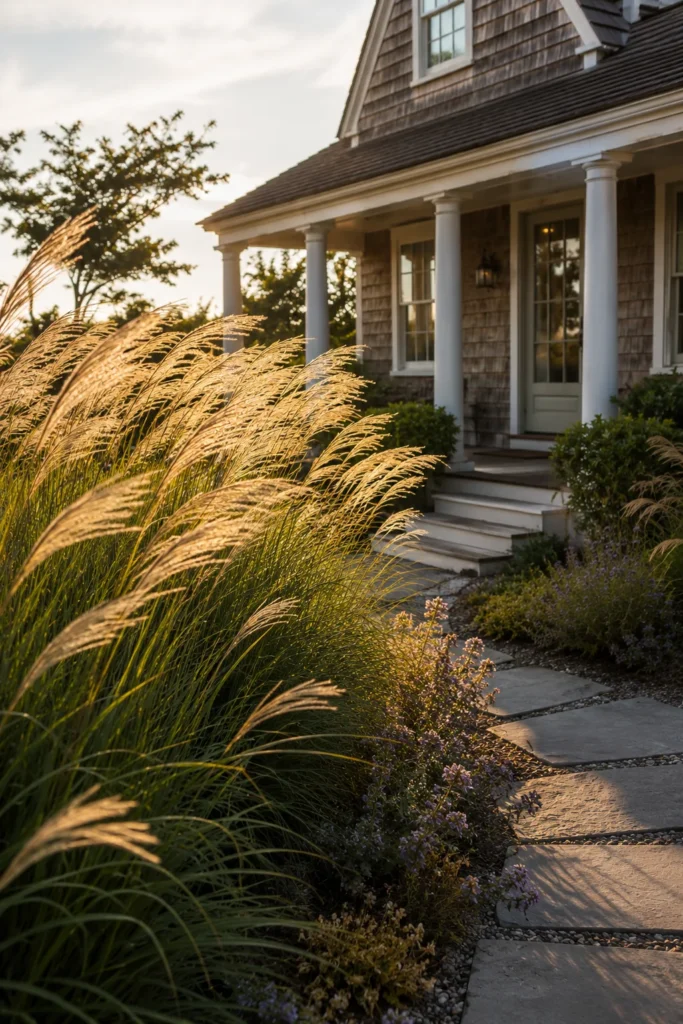 Ornamental grasses swaying near a Cape Cod home front walkway