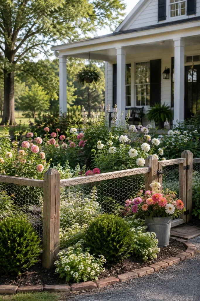 Chicken-wire fencing accent around a small cutting garden