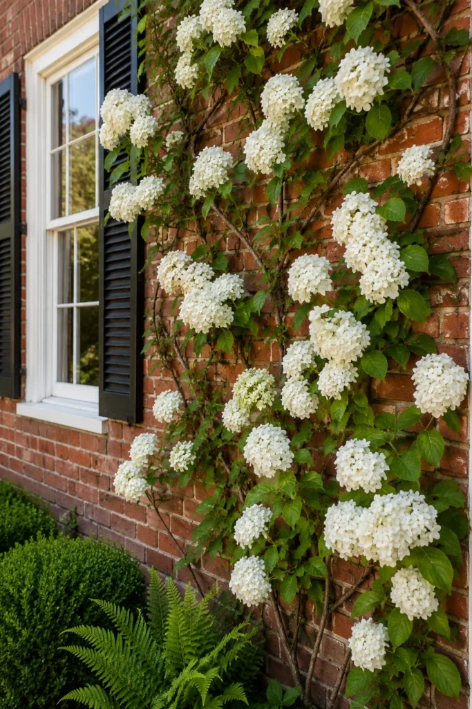 Climbing hydrangea growing on a red brick wall