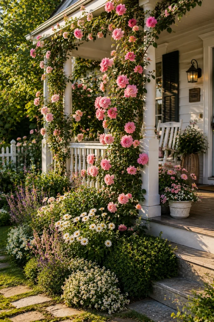 Climbing roses on a cottage porch post and railing