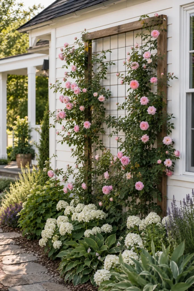 Climbing roses trained on a wood trellis