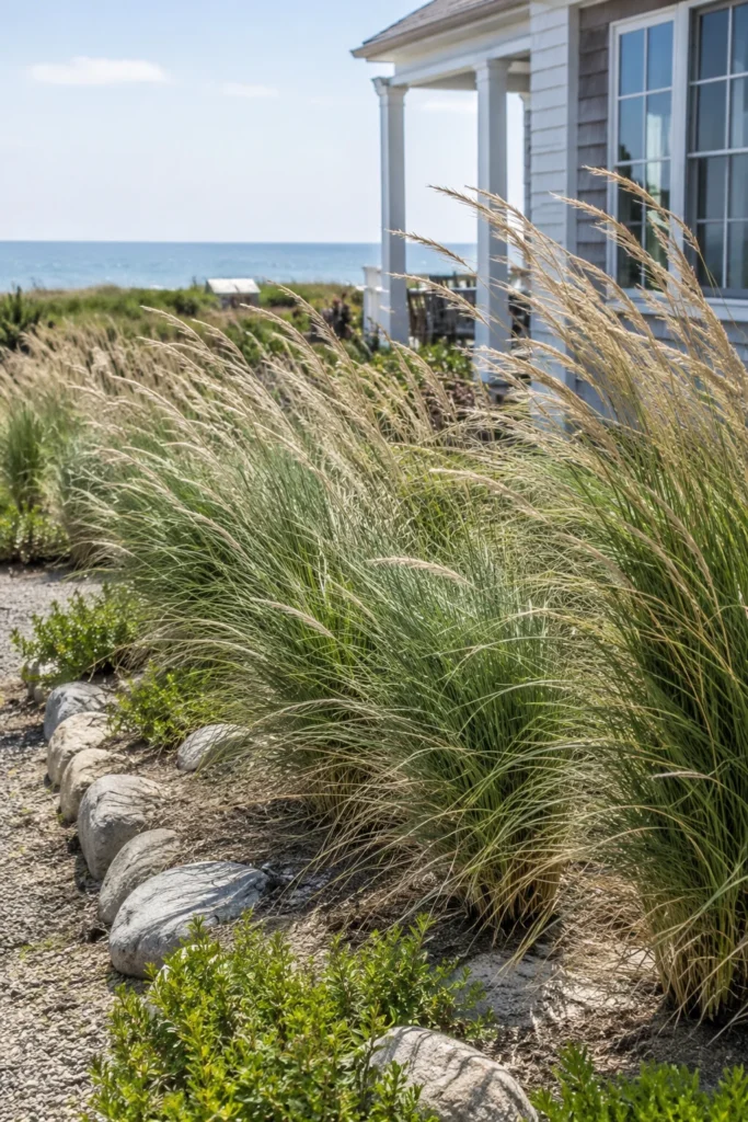 Beach grass planted in clumps along a coastal yard edge