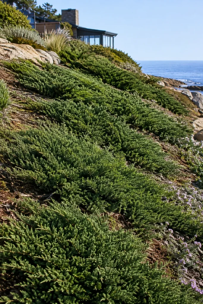 Creeping juniper ground cover planted on a coastal slope