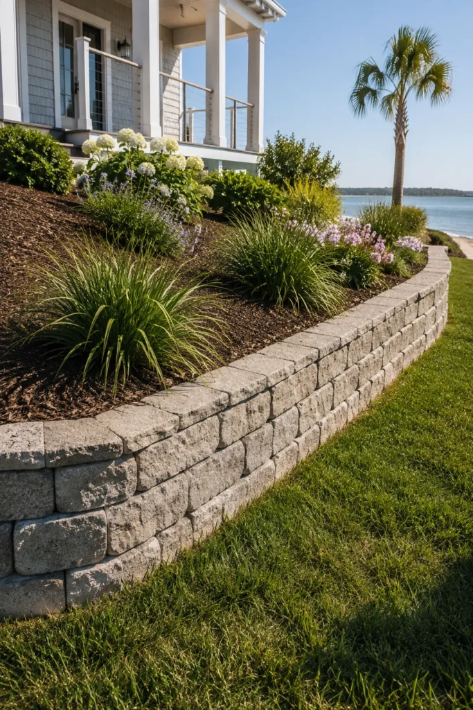 Stacked stone retaining wall on a sloped coastal yard