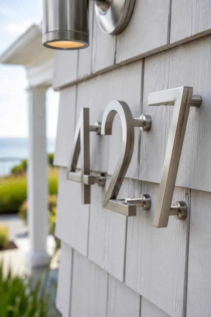 Marine-grade stainless house number fixtures on a coastal home