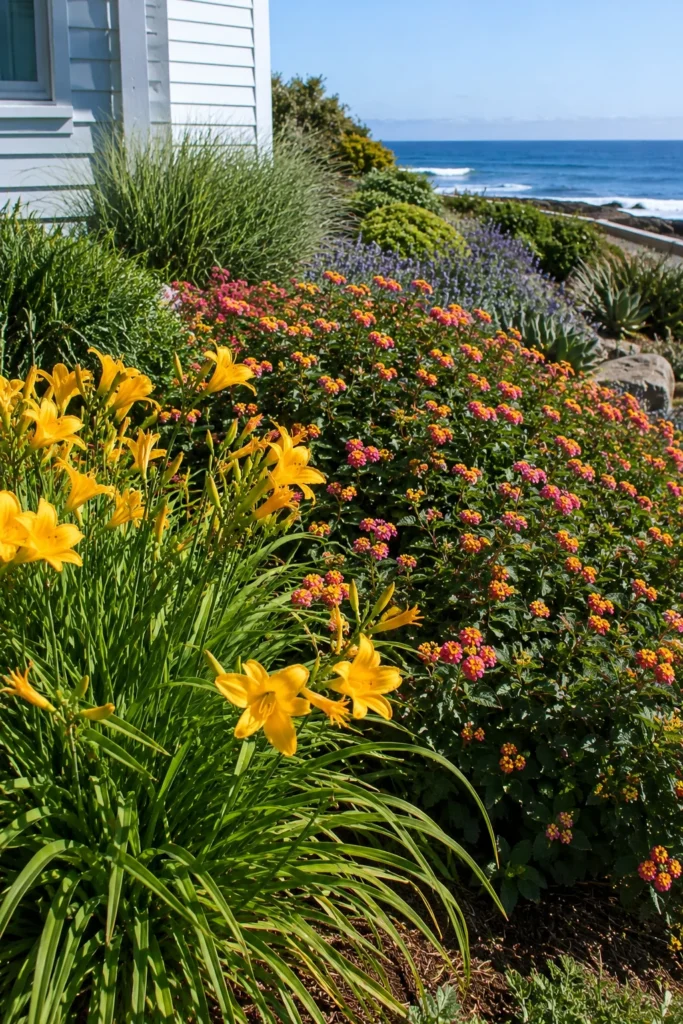Lantana and daylilies blooming in a coastal front bed