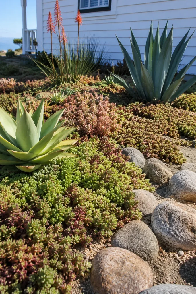 Sedum ground cover spreading across sandy coastal soil
