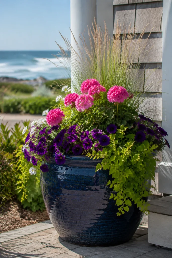 Fiberglass container garden with colorful blooms on a coastal porch