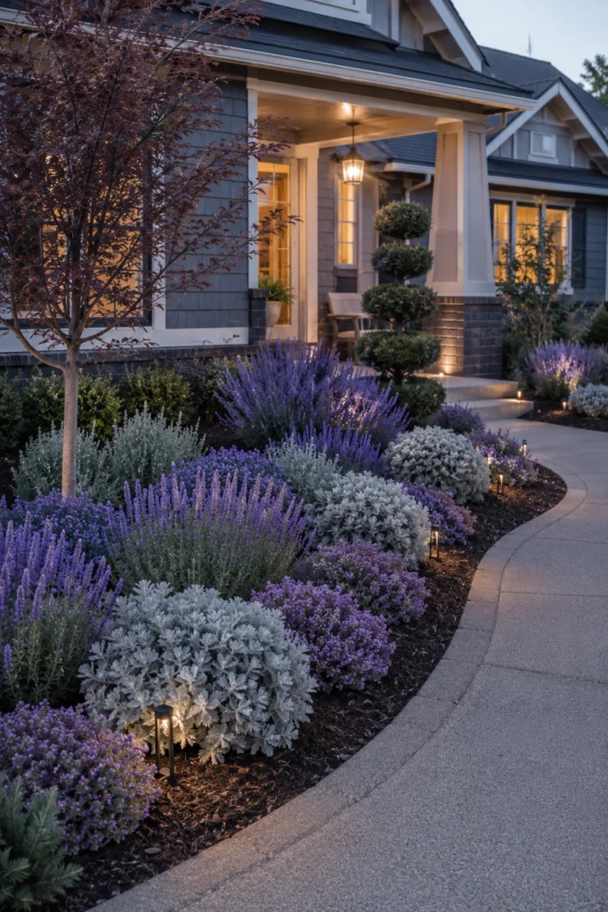 Front yard garden beds sharing a cohesive purple and silver color palette
