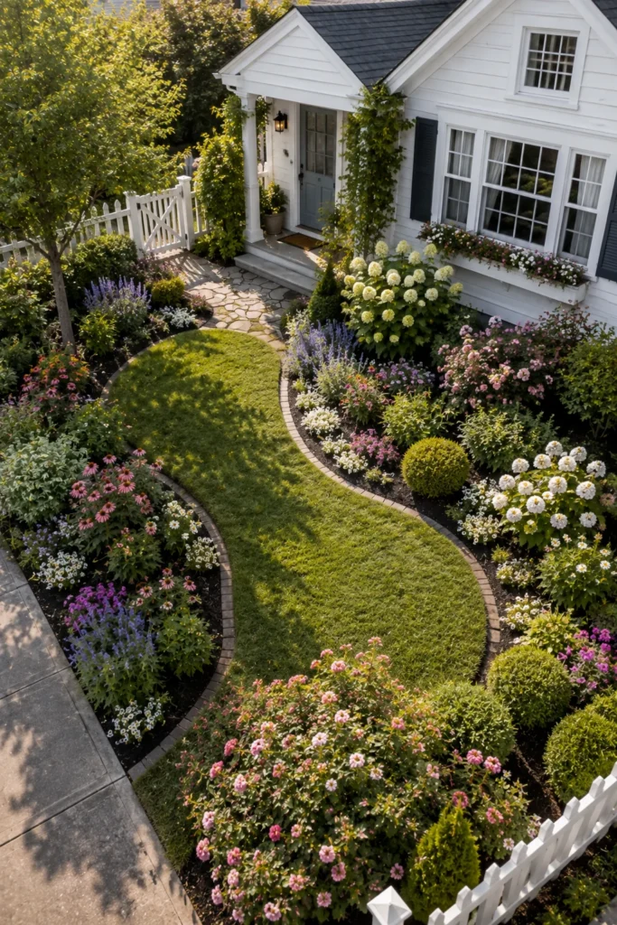 Curved garden beds filled with perennials in a cottage front yard