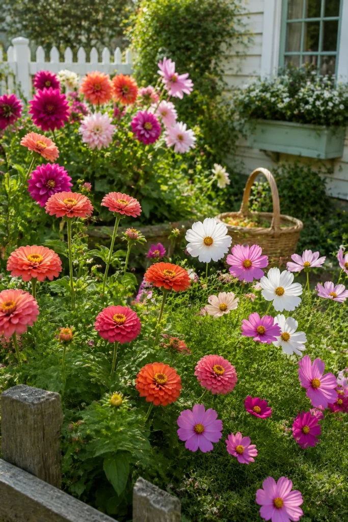 Cutting garden corner with zinnias and dahlias in a cottage front yard