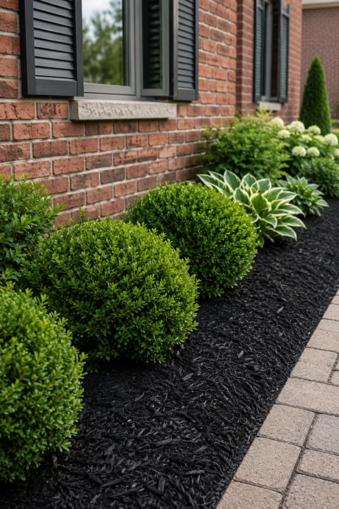 Dark mulch garden bed along a brick house foundation