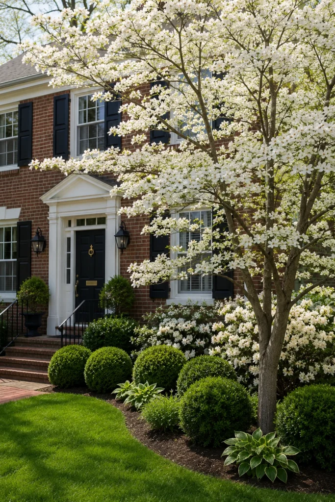 Flowering dogwood accent tree beside a colonial house