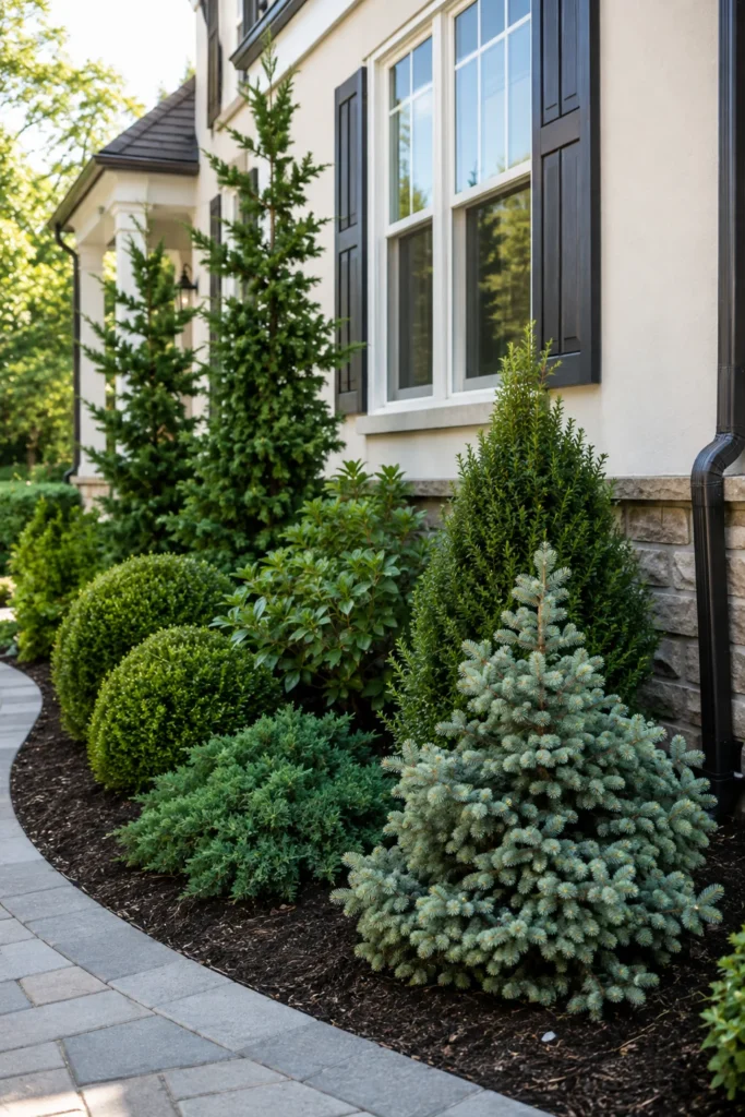 Mixed evergreen foundation planting along a house front