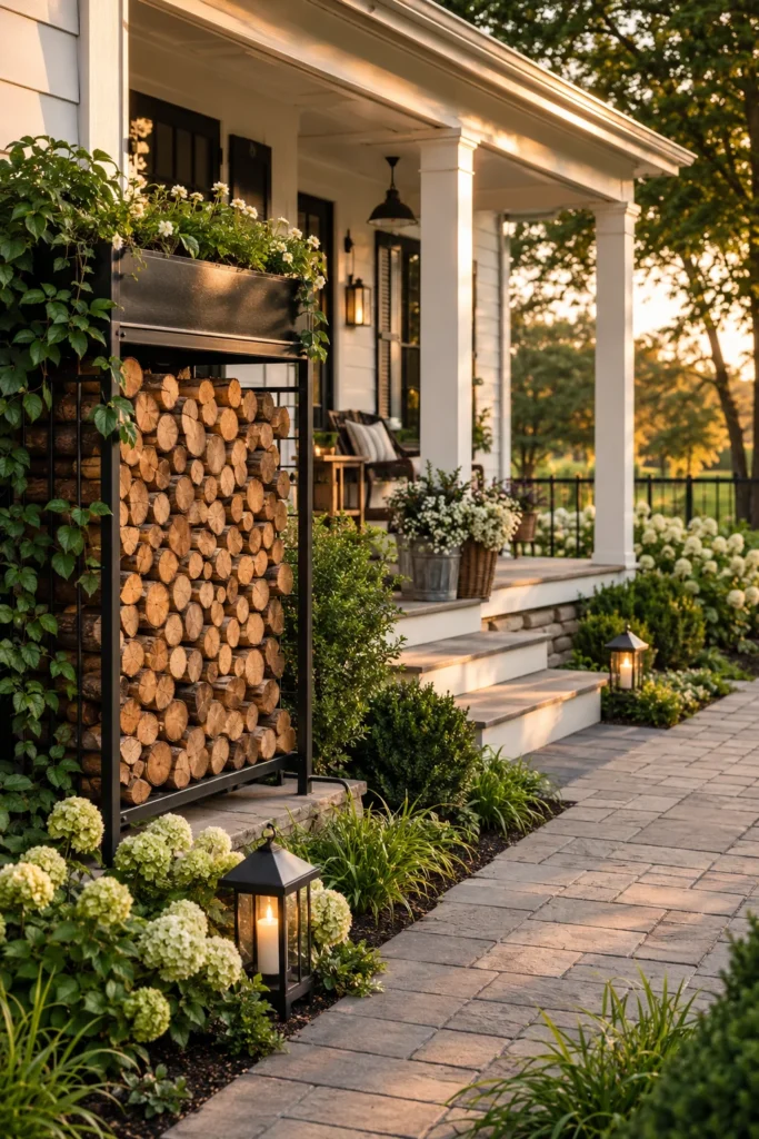 Neatly stacked firewood used as a porch design feature