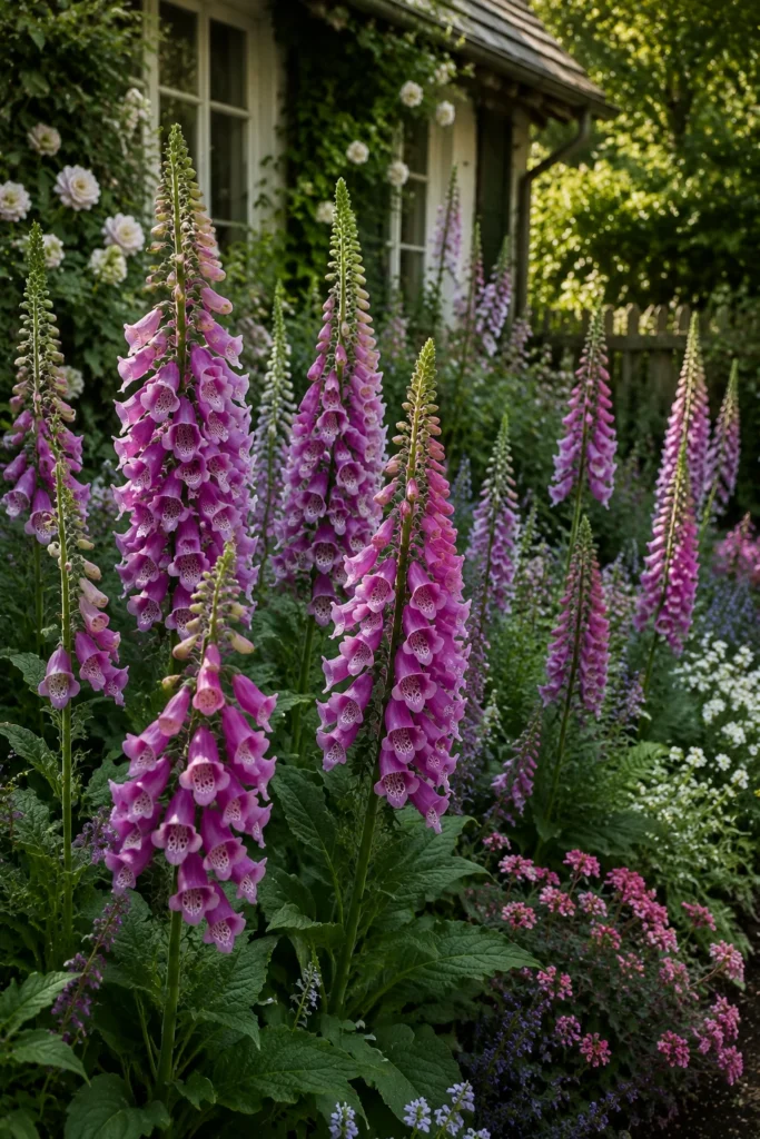 Foxglove clusters blooming in a cottage garden bed
