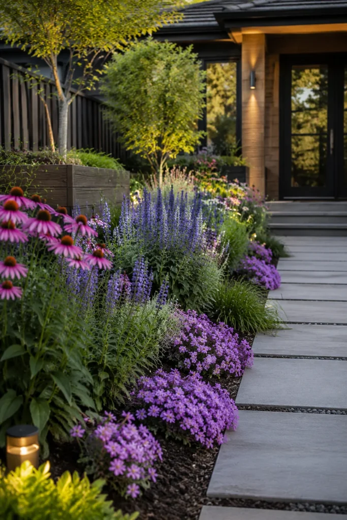 Layered flower bed with coneflower and salvia along a front yard walkway. Simple Front Yard Landscaping