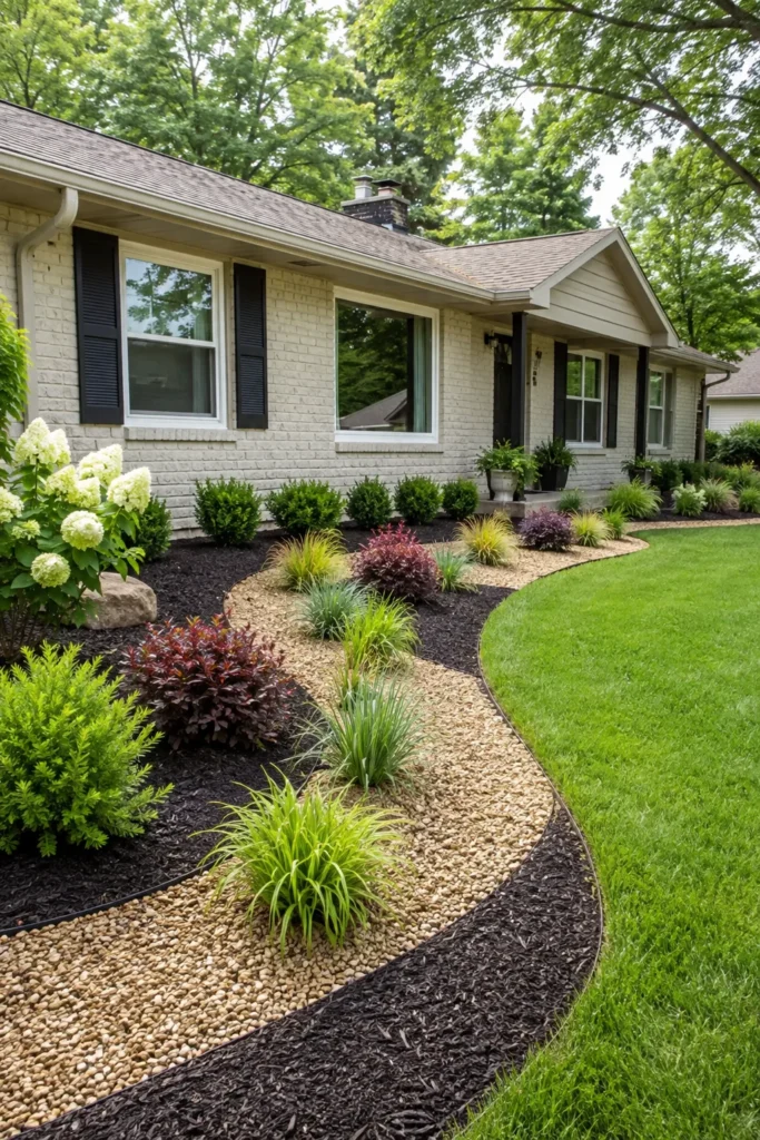 Bands of gravel and dark mulch along a foundation bed