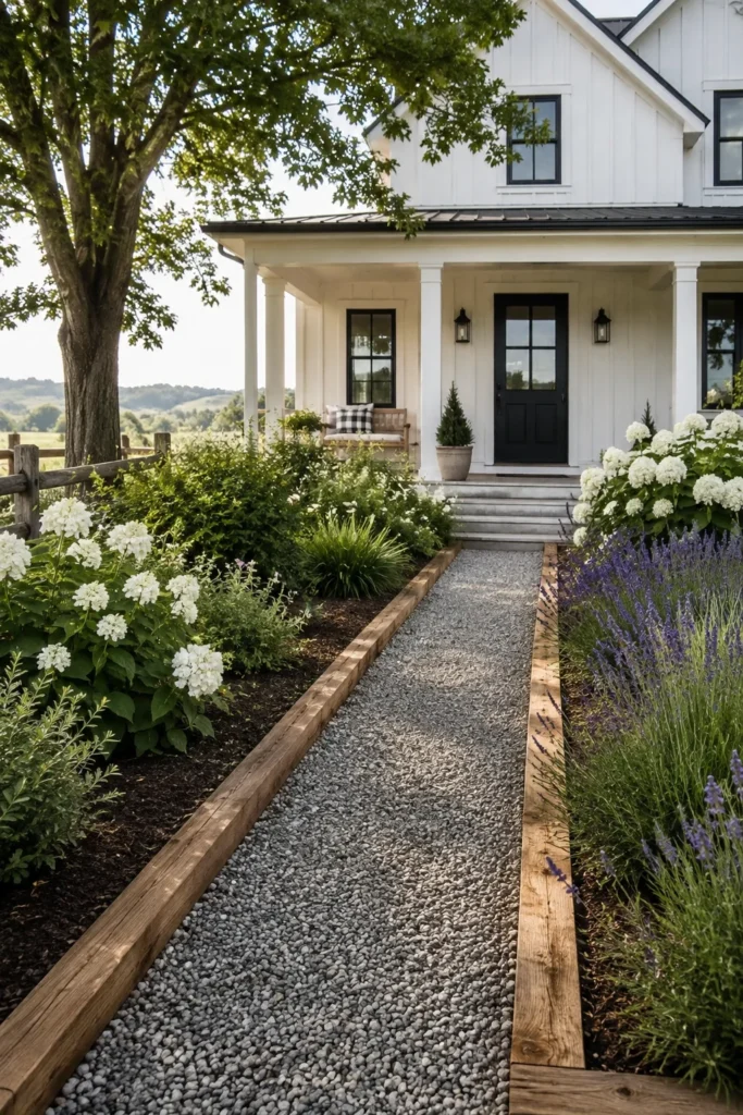 Gravel pathway lined with cedar wood edging